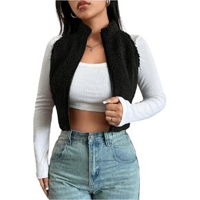 Verdusa Women's Fuzzy Fleece Zip Up Crop Vest Sleeveless Jacket