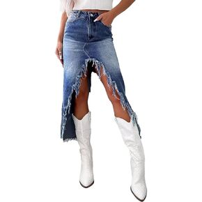 Flamingals Womens' High Waist Midi Stylish Raw Hem Split Asymmetrical Wash Denim Skirt