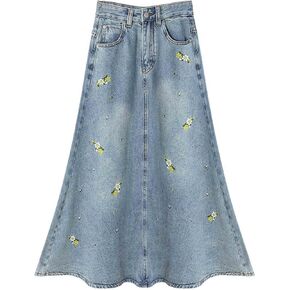 Women's Casual Vintage Denim Long Skirt, Flower Embroidered Denim Half Skirt, Women's Long A-line Blue Skirt