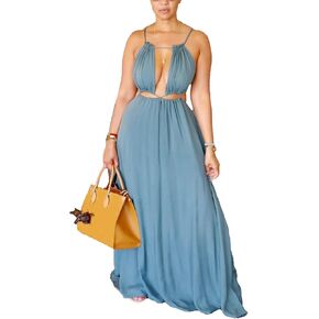 SHINFY Womens Summer Spaghetti Strap Dress Sleeveless Sexy Cutout Drawstring Boho Maxi Dress Beach Vacation Dresses