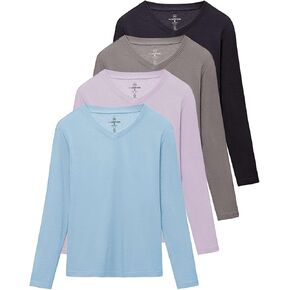 Real Essentials 4 Pack: Women's V-Neck Cotton Long-Sleeve T-Shirt (Available in Plus Size)