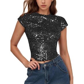 WDIRARA Women's Sequin Boat Neck Shirts Sparkle Glitter Backless Tee Cap Sleeve Crop Tops