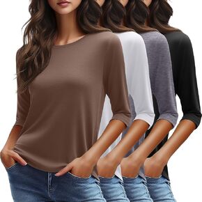 Huukeay 4 Pack Women's 3/4 Length Sleeve Tops Round Neck Casual Basic Tees Loose Fit Elbow Sleeve Tops