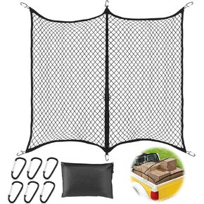 Cargo Net for Pickup Truck Bed Stretchable 4'x4' to 7'x7' Highly Elastic Cargo Net Truck Bed Cargo Net with 6 Pcs Metal Carabiner Clips for ATV, SUV, UTV, Truck and Boat Use, Black Foldable