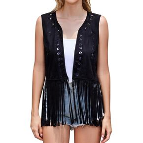 Western Women Fringe Tassel Vest 70s Cowgirl Faux Suede Sleeveless Vest