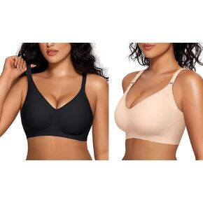 OEAK Women Comfortable Push Up Bras Wireless Buttery Soft Black+Nude L