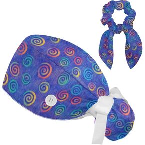 Scrub Caps Women, Surgical Caps with Buttons, Ponytail Nurse Hat, Bouffant Scrub Hats with Hair Scrunchy Adjustable, Bohemian Colorful Swirl Watercolor Cute Vintage Retro Purple