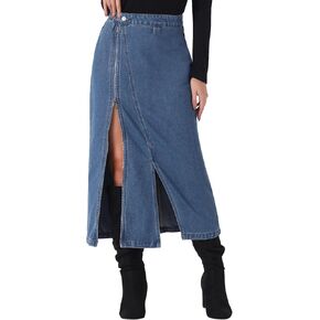 Allegra K Jean Skirt with Pockets for Women's Denim Zipper Front Split Long Skirts