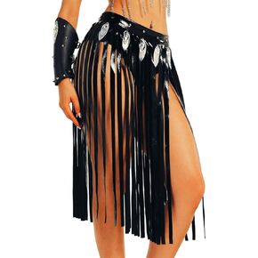 REETAN Leather Maxi Tie Skirt High Waist Fringe Wrap Skirts Punk Nightclub Outfit for Women Black