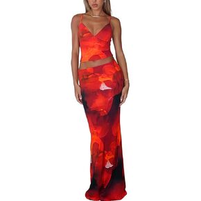 Women's Skirt Sets Summer 2 Piece Outfits Tie Dye Long Maxi Spaghetti Strap Crop Top Floral Print Dresses