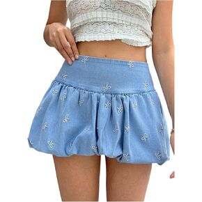 Makemechic Women's Bow Terbroidery Denim Bubble Skirt Huffle Hem Puffy Y2K Jean Mini Virts