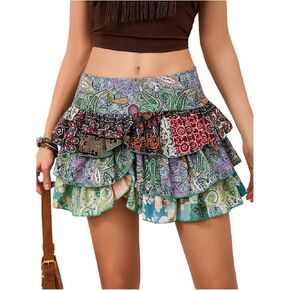 MakeMeChic Women's Boho Ruffle Hem Layered Skirt Paisley Print A Line Mini Skirts