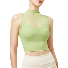 High Neck Crop Tops with Built in Bra Mesh Sports Bra Sheer Mock Neck Padded Workout Cropped Yoga Shirts