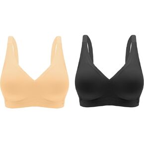Wireless Sports Bras for Women Comfortable Seamless Push Up Full Coverage Deep V Neck Adjustable Sleep Everyday Wear (M,Nude+Black)
