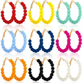 Bonuci 9 Pairs Beaded Hoop Earrings for Women Bohemian Bead Earrings Mixed Color Dangle (Bright Colors,Acrylic)