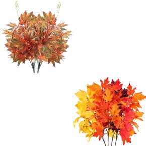 N&T NIETING 2PCS Artificial Short Maple Bushes and 4PCS Long Mix Color Maple Bushes for Indoor Outdoor Home Kitchen Wedding Thanksgiving Fall Decor