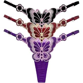 3-Pack Embroidered Women's Thong Underwear Adjustable Waist G-String Panties for Women