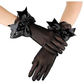 Short Lace Mesh Gloves Tulle Border with Bow Wedding Funeral Opera Tea Party Gloves for Women