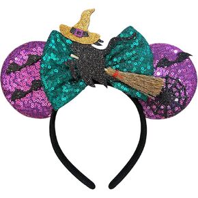 Trnerm Mouse Ears Headband for Women, Green Bows with Witches Purple Sequin Ears for Halloween Costume