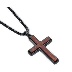 Wooden Cross Necklace for Men, Natural Sandalwood Inlaid with Black Stainless Steel Pendant, Mens Cross Necklaces Including 24 Inch Box Chain ﻿
