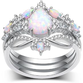 Pear Shaped Natural Opal Engagement Ring Set for Women, 925 Sterling Silver 1 Carat Opal Wedding Band Bridal Ring Set Anniversary Birthday Jewelry Gifts for Women