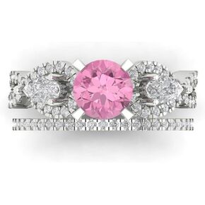 Clara Pucci 2.0ct Round Pear cut Custom Engraving 3 stone Pink Faux Diamond Engagement Ring Band Wedding Bridal Set 14k White Gold 10