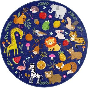Round Animal Rug Kids 6'5" Non Slip Round Area Rug Kids Room Soft Washable Blue Round Rug for Elementary, Nursery