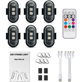 RGB LED الطائرات الطائرات بدون طيار أضواء ستروب للسيارات ، 6pcs USB مصغرة قابلة لإعادة الشحن مع موت موتو وتوهج عن بعد لأضواء LED المحيطة اللاسلكية الطوارئ لركوب الليلية المركبات الداخلية للدراجات النارية