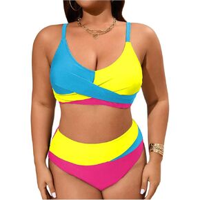 Oyoangle Women's Plus Color Block Bikini يضع ملابس السباحة عالية الخصر من قطعتين دفع بدلات الاستحمام