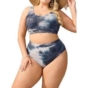 MakeMeChic Women's Plus Size 2 Piece Bikini Sets Textured Tie Dye High Waist Summer Swimsuit Bathing Suit in Kuwait