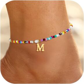 Ankle Bracelets for Women - Cute Pearl Beads Anklets for Women Waterproof Gold, Initial Colorful Boho Beaded Non Tarnish Foot Chain Anklet | Summer Colorful Jewelry Gift in Kuwait