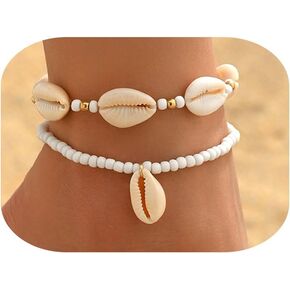 Shell Ankle Bracelet Set for Women,Boho Adjustable Beads Anklet Pack Natural White Shells Stack Stretch Seashell Pearl Starfish Bracelet Set Hawaiian Beach Vacation Foot Jewelry