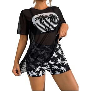 Women's 3 Piece Swimsuit Tree Print High Waisted Bikini Bathing Suit with Mesh T-Shirt Cover Up and Short