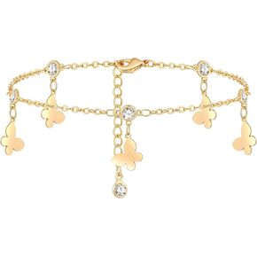 MEVECCO Tassel CZ butterfly Anklet,14K Gold Plated Boho CZ Star Beach Cute Pig Nose Tassel Disc Foot Chain Ankle Bracelet Tiny Butterfly Charm Chain Anklet for Women