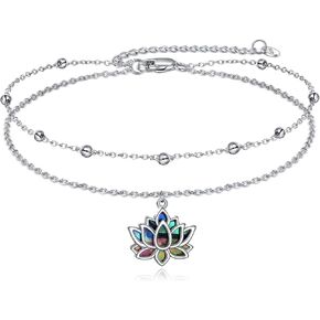 لوتس زهرة Anklet S925 Sterling Silver Abalone Anklets للنساء لوتس الطبقات طبقات التخرج من هدايا لوتس المجوهرات للزوجة صديقات الأصدقاء