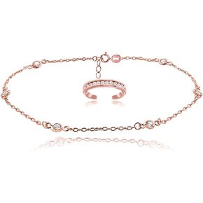 Hoops & Loops 925 Sterling Silver Cubic Zirconia Ankle Bracelet & Channel-Set Open Toe Ring Set for Women Teen Girls, 9 Inches + 1 Inch Extender | Summber Beach Boho Cute Anklet Foot Jewelry