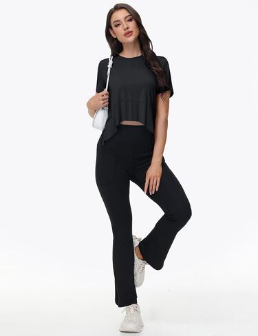 MAGCOMSEN Workout Top for Women Short Sleeve Athletic Yoga Crop Shirts Flowy Side Slit Loose Fit Tee Gym Yoga in Saudi Arabia