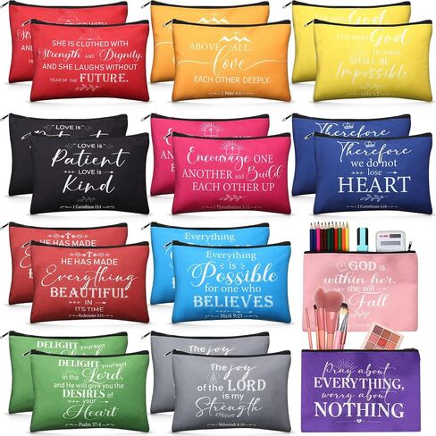 24 Pcs Christian Makeup Bag Bible Cosmetic Bags Inspirational Bible Verse Toiletry Pouches Canvas Motivational Bag with Zipper for women Organize Cosmetics Toiletries Stationery(Floral) in Saudi Arabia