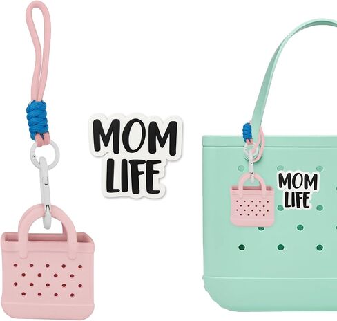 Mini EVA Bag Charms for Bogg Bag – Small Open-Top Pouch with Paracord Carabiner & “Mom Life" Charm – Holds Keys, Earbuds & Small Essentials – Fits All Rubber Beach Bags-Blue in Saudi Arabia