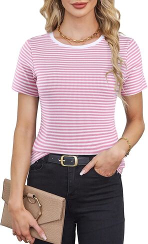 LilyCoco Women's Short Sleeve Striped Shirt Summer Crewneck T Shirt Basic Tops in Saudi Arabia