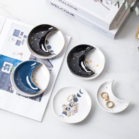 Ceramic Moon Jewelry Dish Tray Ring Holder, Small Decorative Trinket Dish for Rings Earrings Necklaces, Present for Wife and Mom, 4.5 Inch in Kuwait