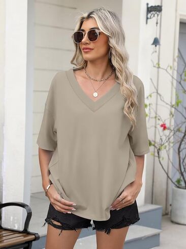 نساء كبير القمصان مضلعة القطع ضد الرقبة الأكمام قصيرة الأكمام قمم الصيف القطن المحملات فضفاضة FIT 2025 in Kuwait