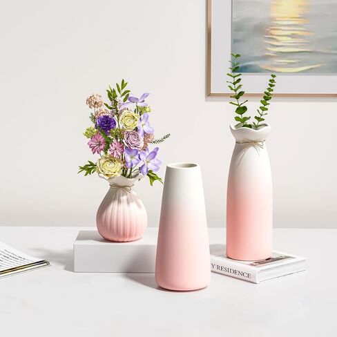OERGKE Ceramic Vase of 3 Pcs, Modern Boho Small vases for Flowers for Home Living Room Office Farmhouse Decor Dining Table Bedroom Table and Kitchen Shelf (Pink) in Saudi Arabia