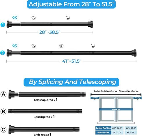 2 قضبان ستارة التوتر القابلة للتعديل من 28 إلى 48 بوصة ، قضبان الستار الزنبركية القابلة للتوسيع لا حفر 7/8 "قضبان التوتر لخزانة مدخل النافذة ، أبيض in Kuwait