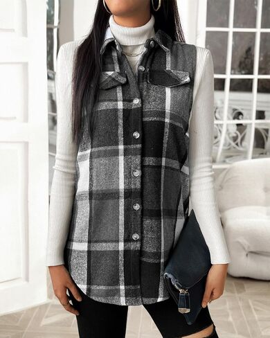 JTI Vest for Women, Flannel Plaid Lapel Neck Sleeveless Outerwear Vests, Button Front with Pockets Casual Jackets in Saudi Arabia