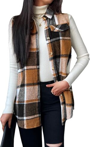 JTI Vest for Women, Flannel Plaid Lapel Neck Sleeveless Outerwear Vests, Button Front with Pockets Casual Jackets in Saudi Arabia