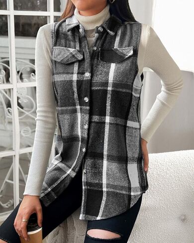 JTI Vest for Women, Flannel Plaid Lapel Neck Sleeveless Outerwear Vests, Button Front with Pockets Casual Jackets in Saudi Arabia
