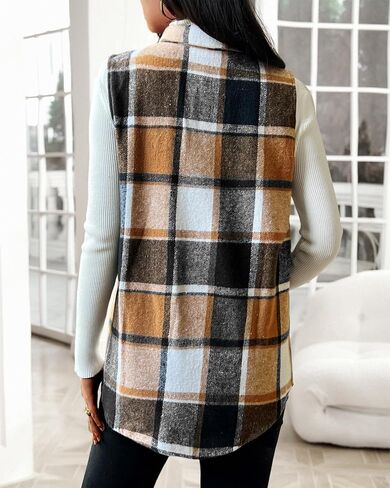 JTI Vest for Women, Flannel Plaid Lapel Neck Sleeveless Outerwear Vests, Button Front with Pockets Casual Jackets in Saudi Arabia