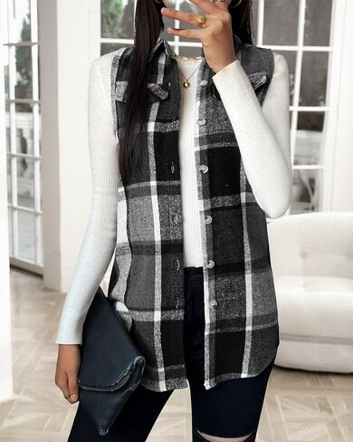 JTI Vest for Women, Flannel Plaid Lapel Neck Sleeveless Outerwear Vests, Button Front with Pockets Casual Jackets in Saudi Arabia