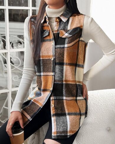 JTI Vest for Women, Flannel Plaid Lapel Neck Sleeveless Outerwear Vests, Button Front with Pockets Casual Jackets in Saudi Arabia